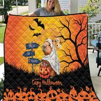 Orange Halloween capybara ghost quilt with trick-or-treat cards and bats