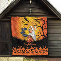 Orange Halloween capybara ghost quilt hung on a wooden door