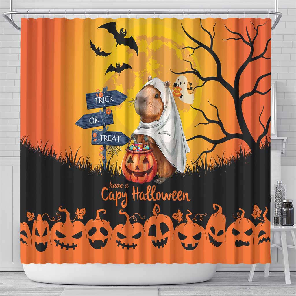 Orange Halloween shower curtain with capybara ghost, Trick or Treat sign, and jack-o'-lantern