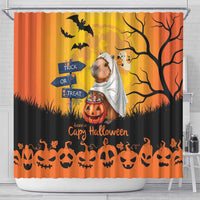 Orange Halloween shower curtain with capybara ghost, Trick or Treat sign, and jack-o'-lantern