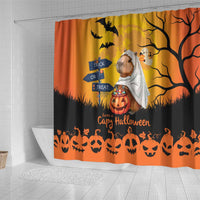 Orange Halloween shower curtain featuring capybara ghost, jack-o'-lantern, bats and tree branches