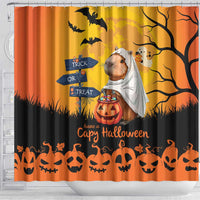 Orange Halloween shower curtain with capybara ghost holding jack-o'-lantern bucket and bats