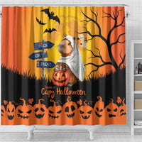 Orange Halloween shower curtain with capybara ghost, jack-o'-lantern pumpkins, and bat silhouettes
