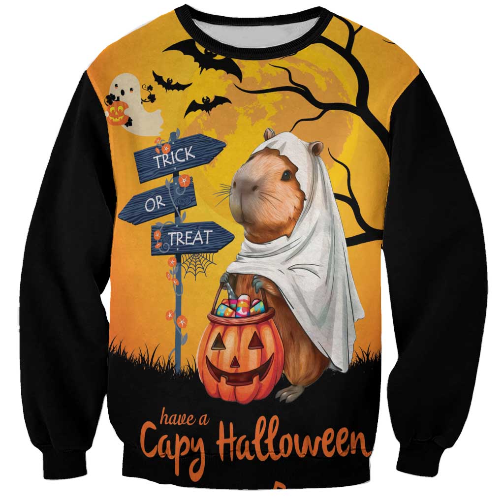 Unisex orange Halloween sweatshirt with black sleeves; capybara ghost holding trick or treat