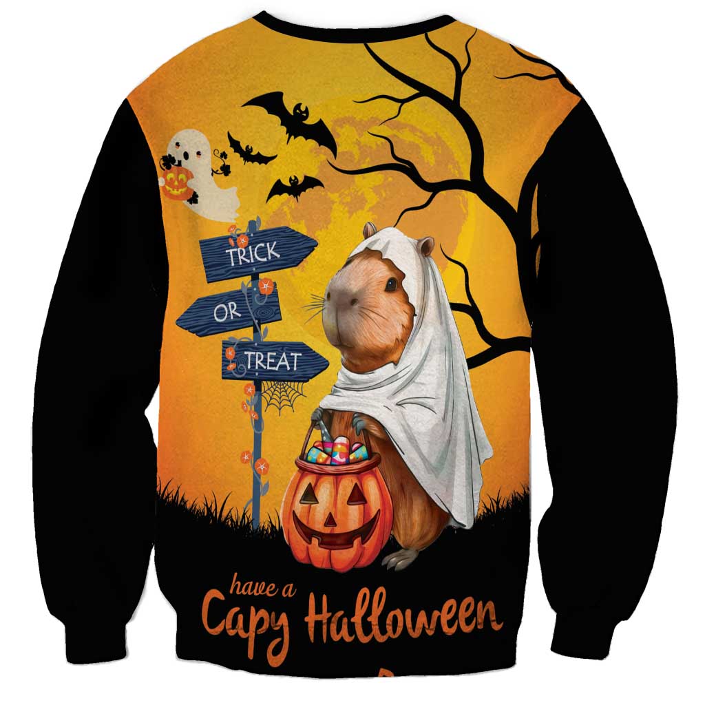 Unisex orange Halloween sweatshirt, capybara ghost in front of trick-or-treat sign art