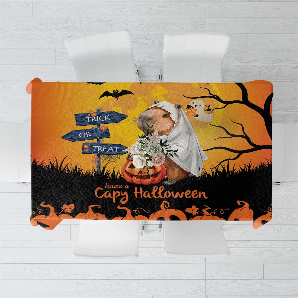 Orange Halloween tablecloth with capybara ghost, Trick or Treat and bats
