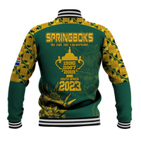Green baseball jacket back with Springboks graphic, snap front, ribbed collar and hem.