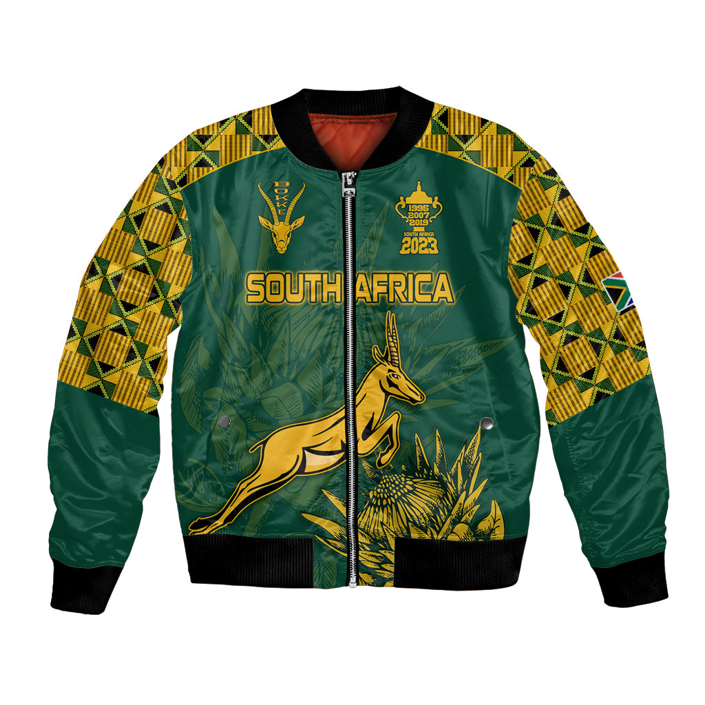 Green rugby bomber jacket with zip front, ribbed cuffs, and Springbok 2023 graphic