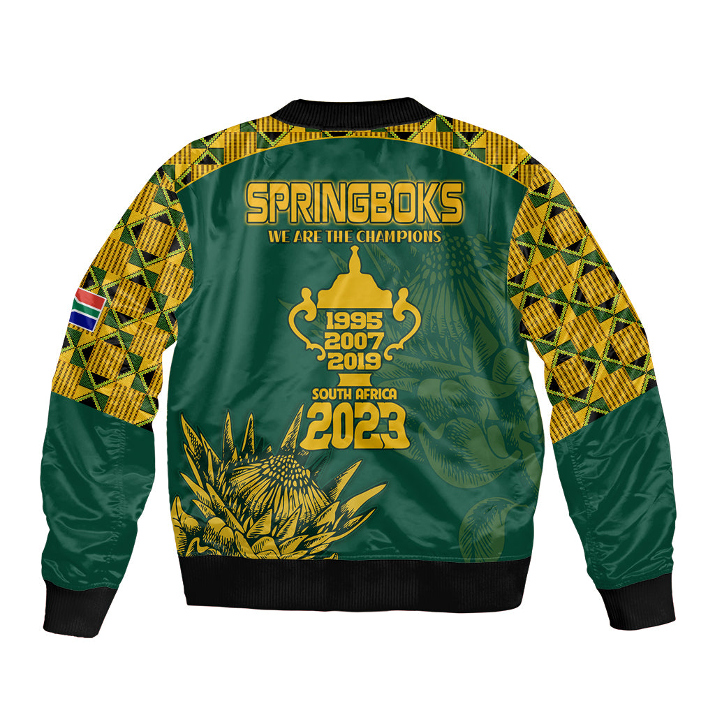 Green rugby bomber jacket with ribbed hem and back print: Springboks champions 2023