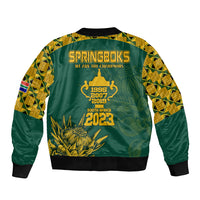 Green rugby bomber jacket with ribbed hem and back print: Springboks champions 2023