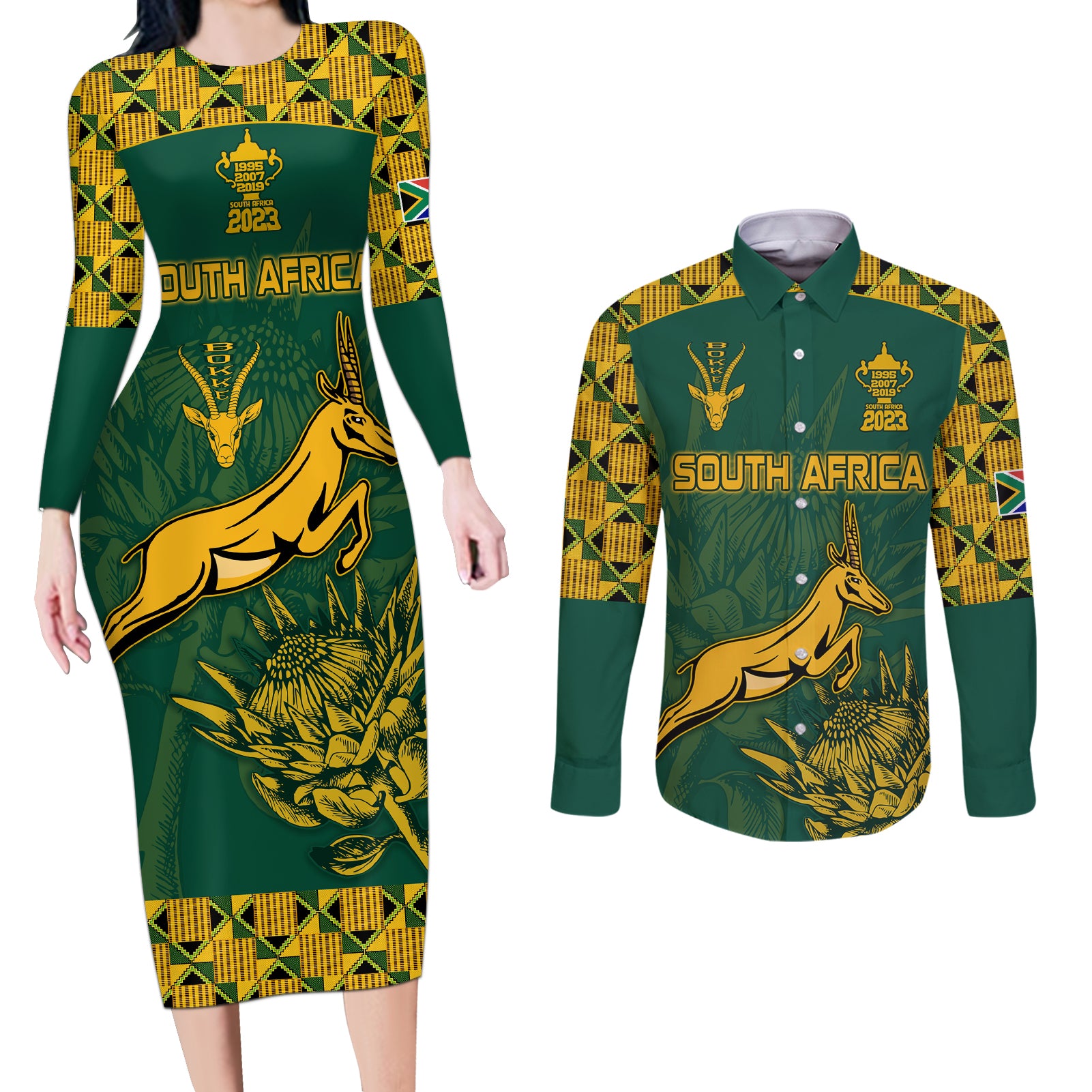 South Africa Rugby Couples Matching Long Sleeve Bodycon Dress and Long Sleeve Button Shirt Springboks Proud The Champions LT9 - Wonder Print Shop