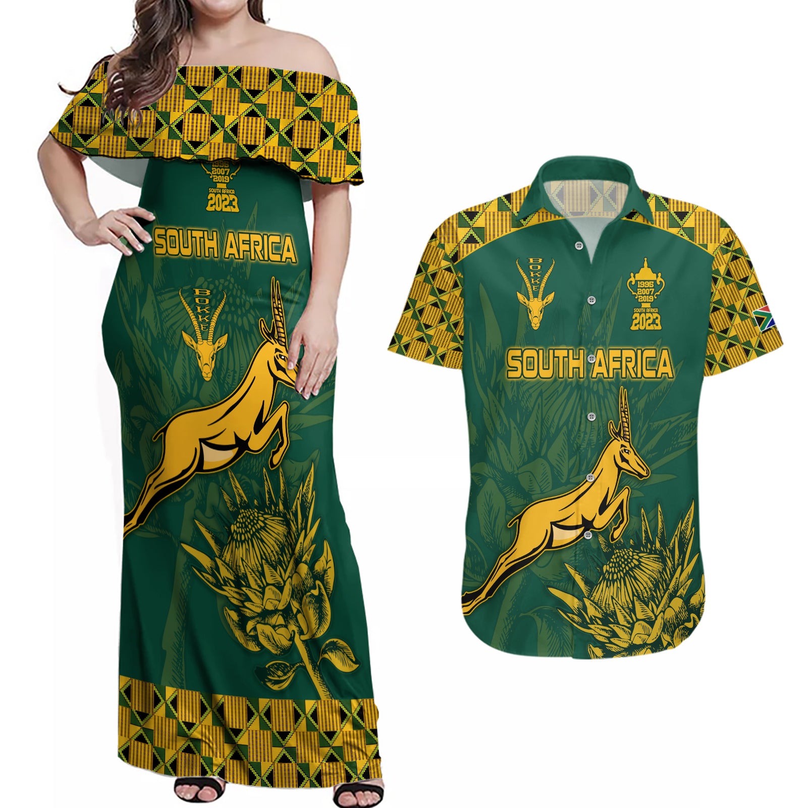 South Africa Rugby Couples Matching Off Shoulder Maxi Dress and Hawaiian Shirt Springboks Proud The Champions LT9 - Wonder Print Shop