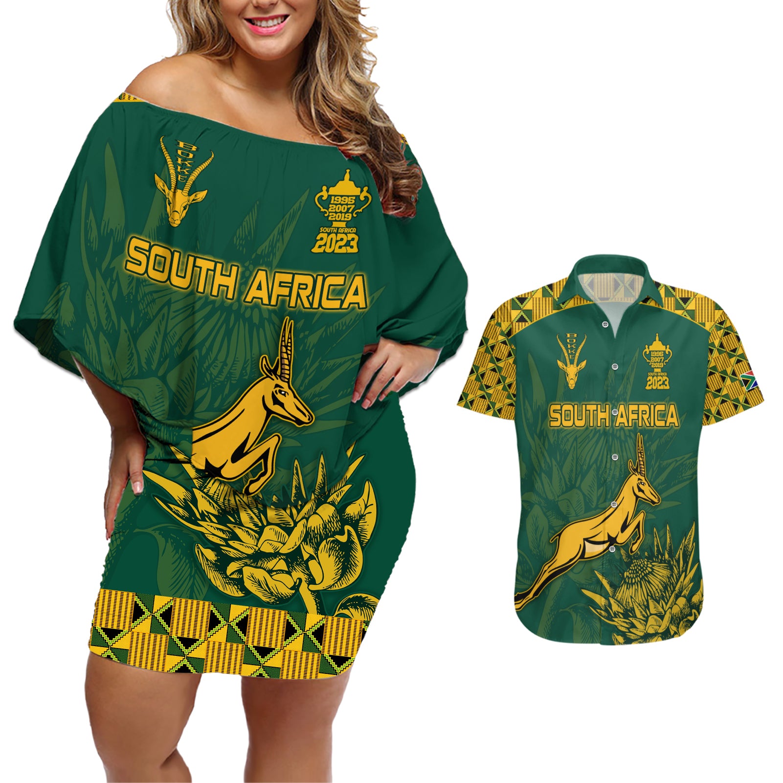 South Africa Rugby Couples Matching Off Shoulder Short Dress and Hawaiian Shirt Springboks Proud The Champions LT9 - Wonder Print Shop