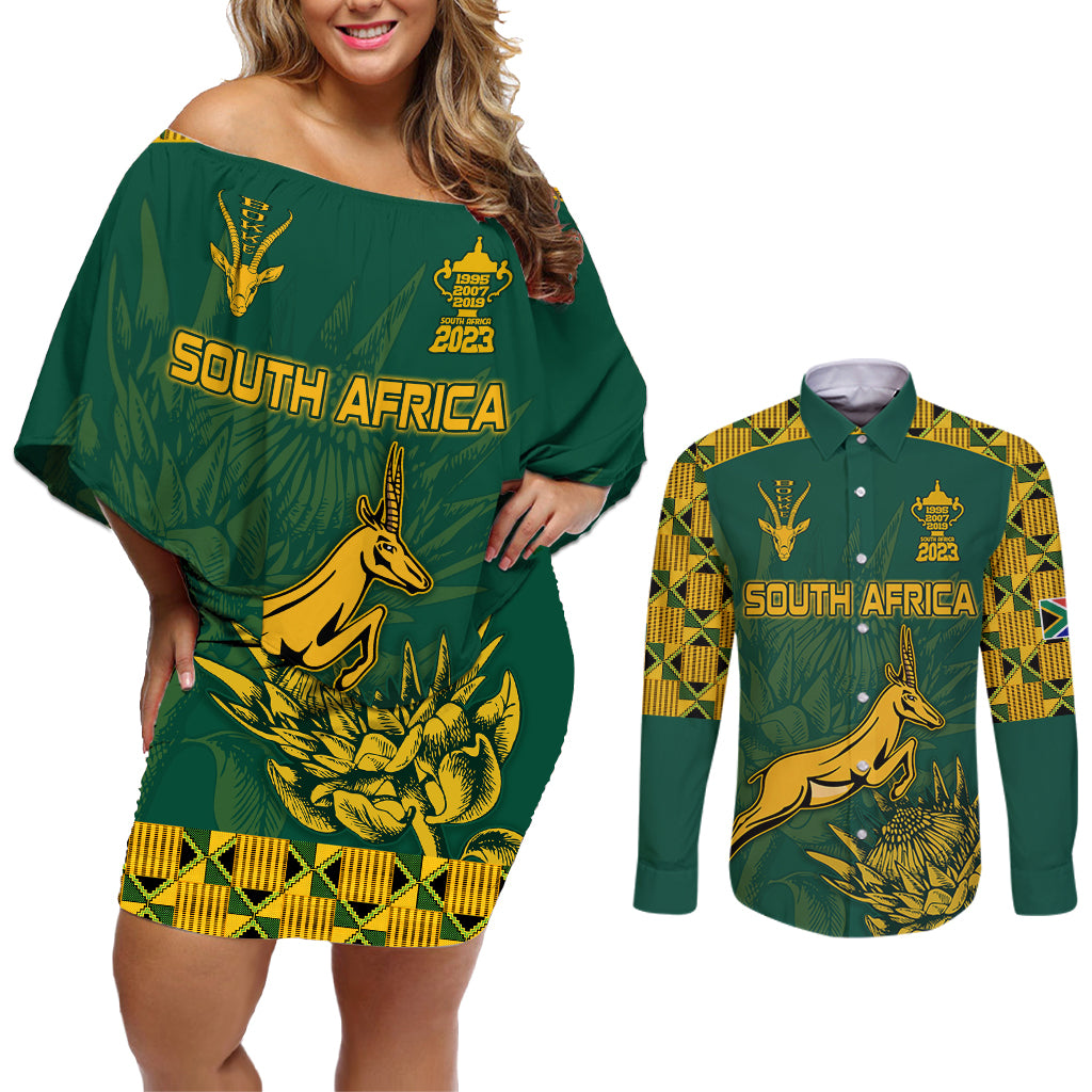 South Africa Rugby Couples Matching Off Shoulder Short Dress and Long Sleeve Button Shirt Springboks Proud The Champions LT9 - Wonder Print Shop