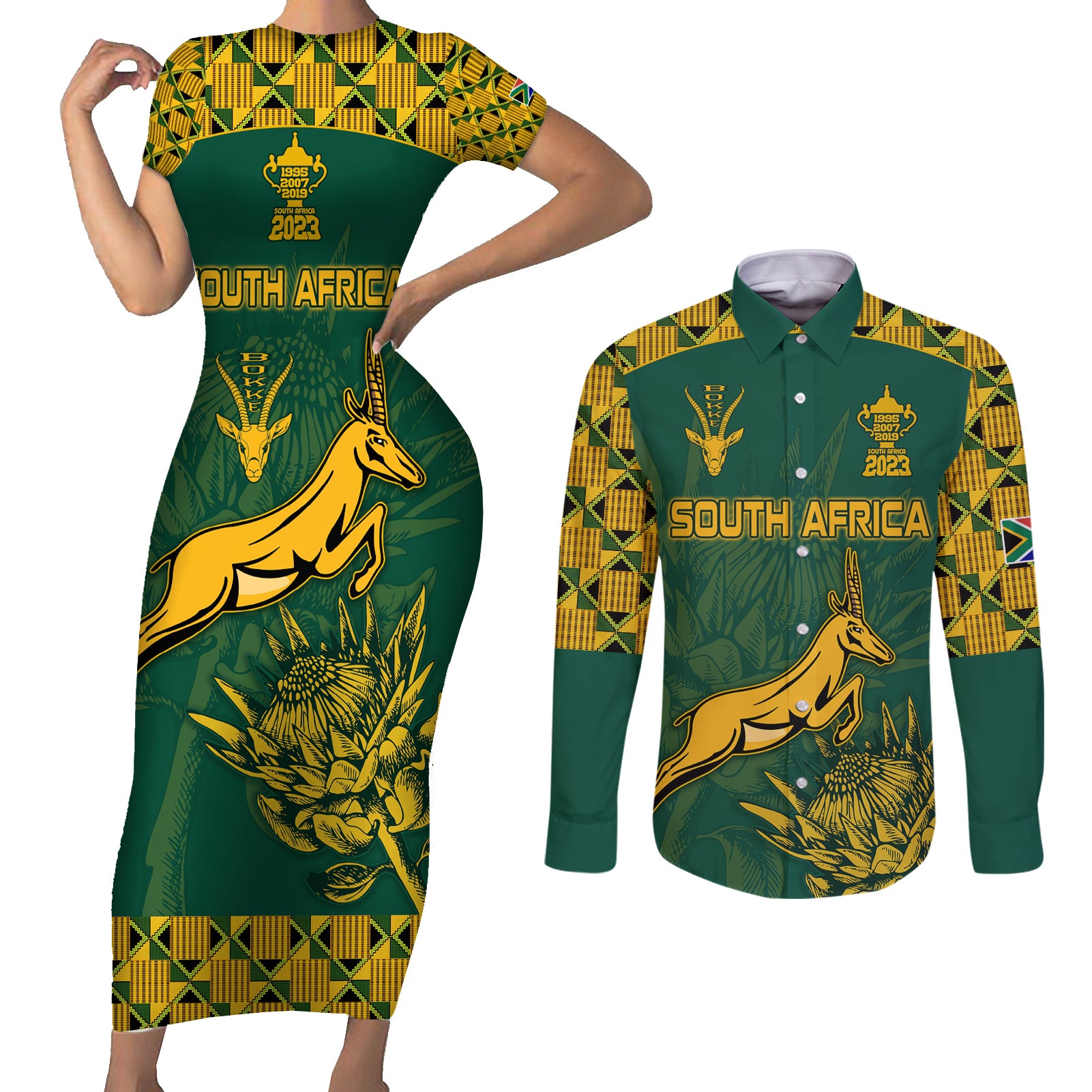 South Africa Rugby Couples Matching Short Sleeve Bodycon Dress and Long Sleeve Button Shirt Springboks Proud The Champions LT9 - Wonder Print Shop