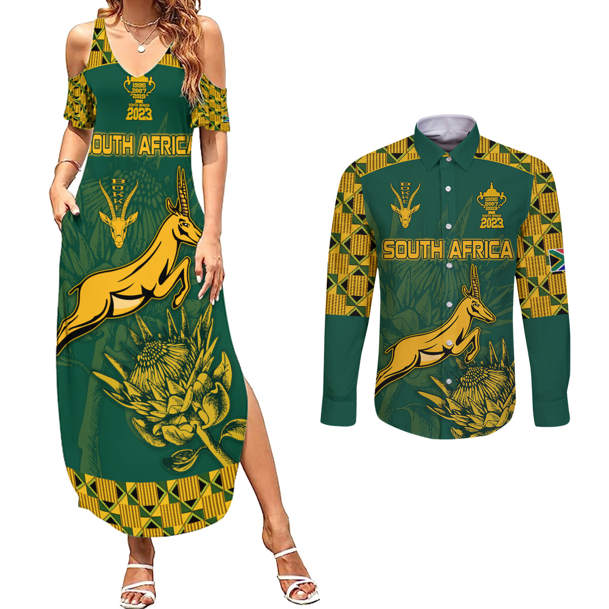 South Africa Rugby Couples Matching Summer Maxi Dress and Long Sleeve Button Shirt Springboks Proud The Champions LT9 - Wonder Print Shop