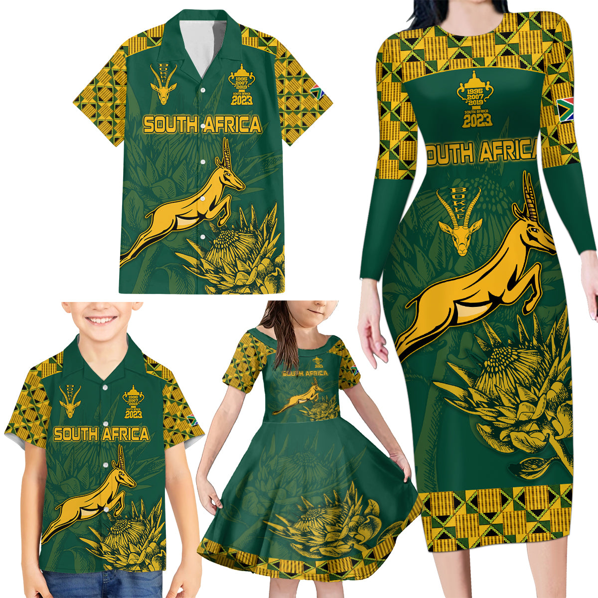 South Africa Rugby Family Matching Long Sleeve Bodycon Dress and Hawaiian Shirt Springboks Proud The Champions LT9 - Wonder Print Shop