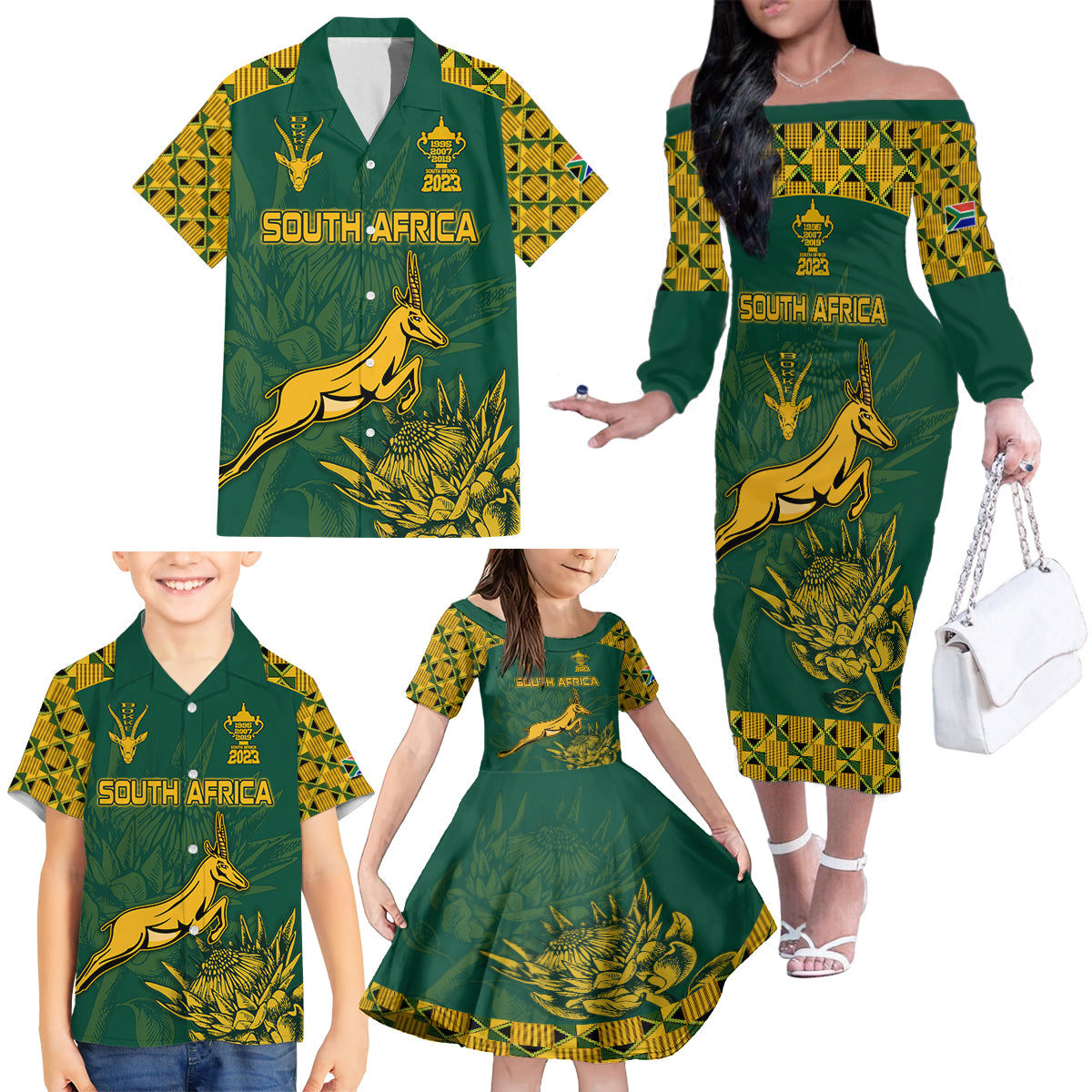 South Africa Rugby Family Matching Off Shoulder Long Sleeve Dress and Hawaiian Shirt Springboks Proud The Champions - Wonder Print Shop