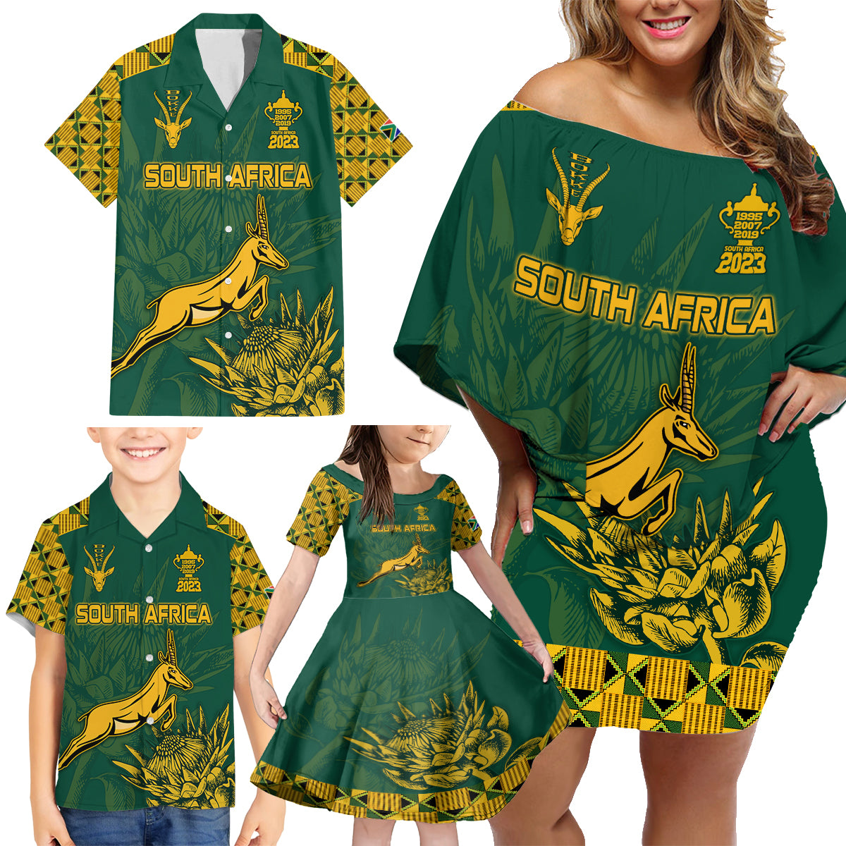 South Africa Rugby Family Matching Off Shoulder Short Dress and Hawaiian Shirt Springboks Proud The Champions LT9 - Wonder Print Shop