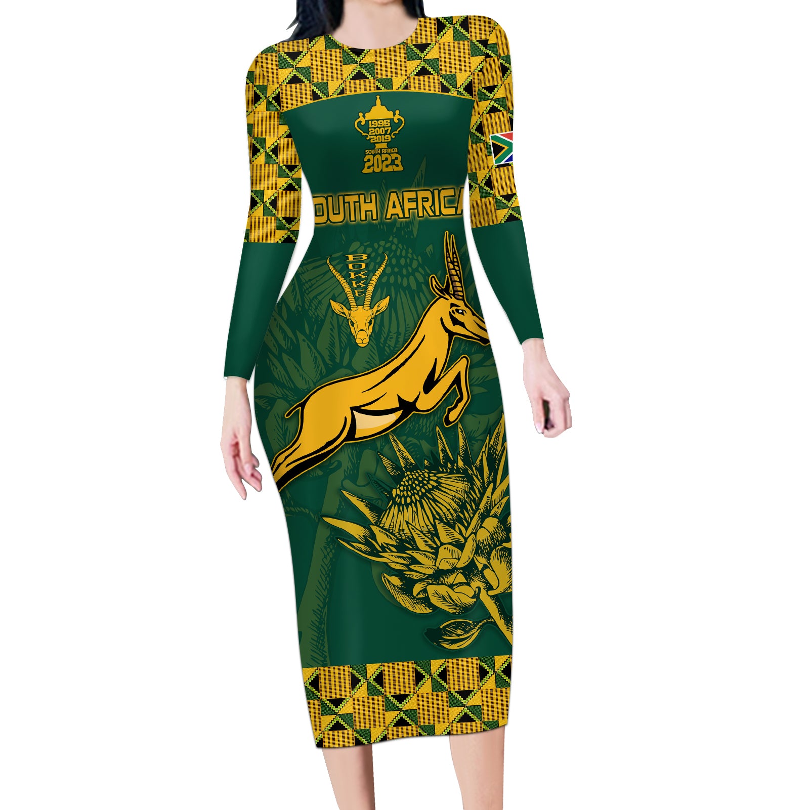 South Africa Rugby Long Sleeve Bodycon Dress Springboks Proud The Champions - Wonder Print Shop