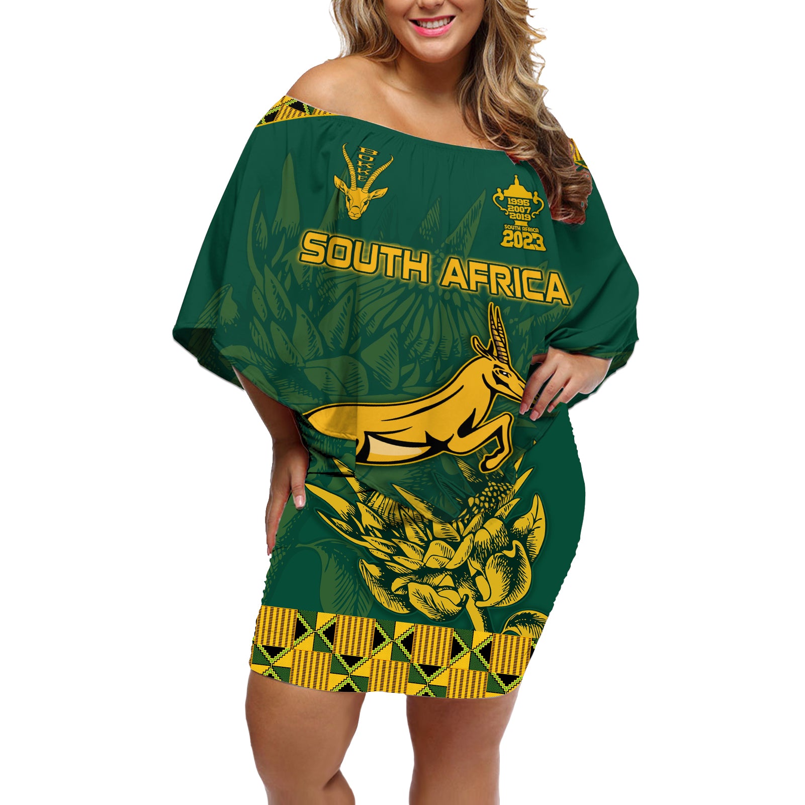 South Africa Rugby Off Shoulder Short Dress Springboks Proud The Champions - Wonder Print Shop