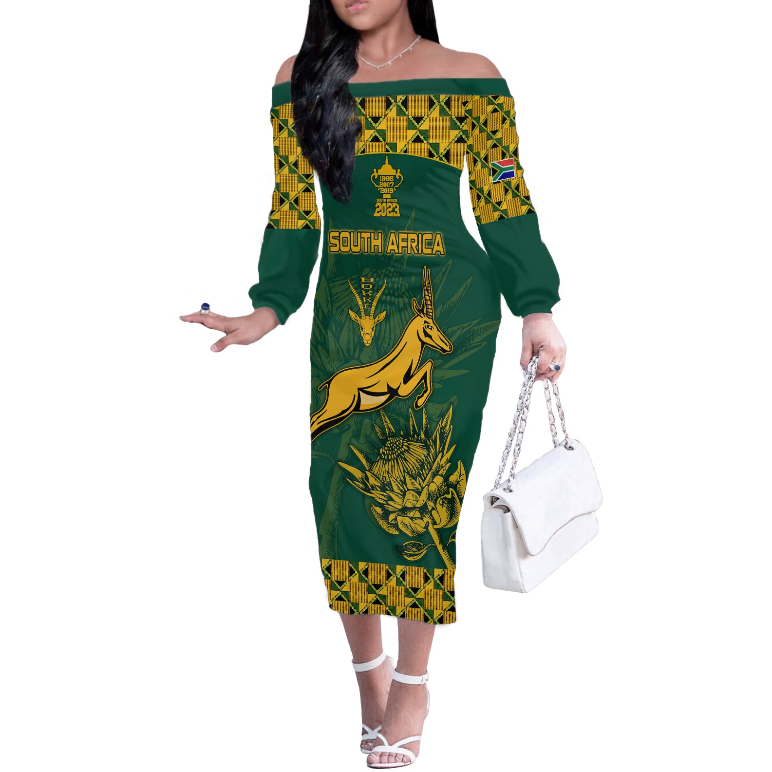 South Africa Rugby Off The Shoulder Long Sleeve Dress Springboks Proud The Champions - Wonder Print Shop