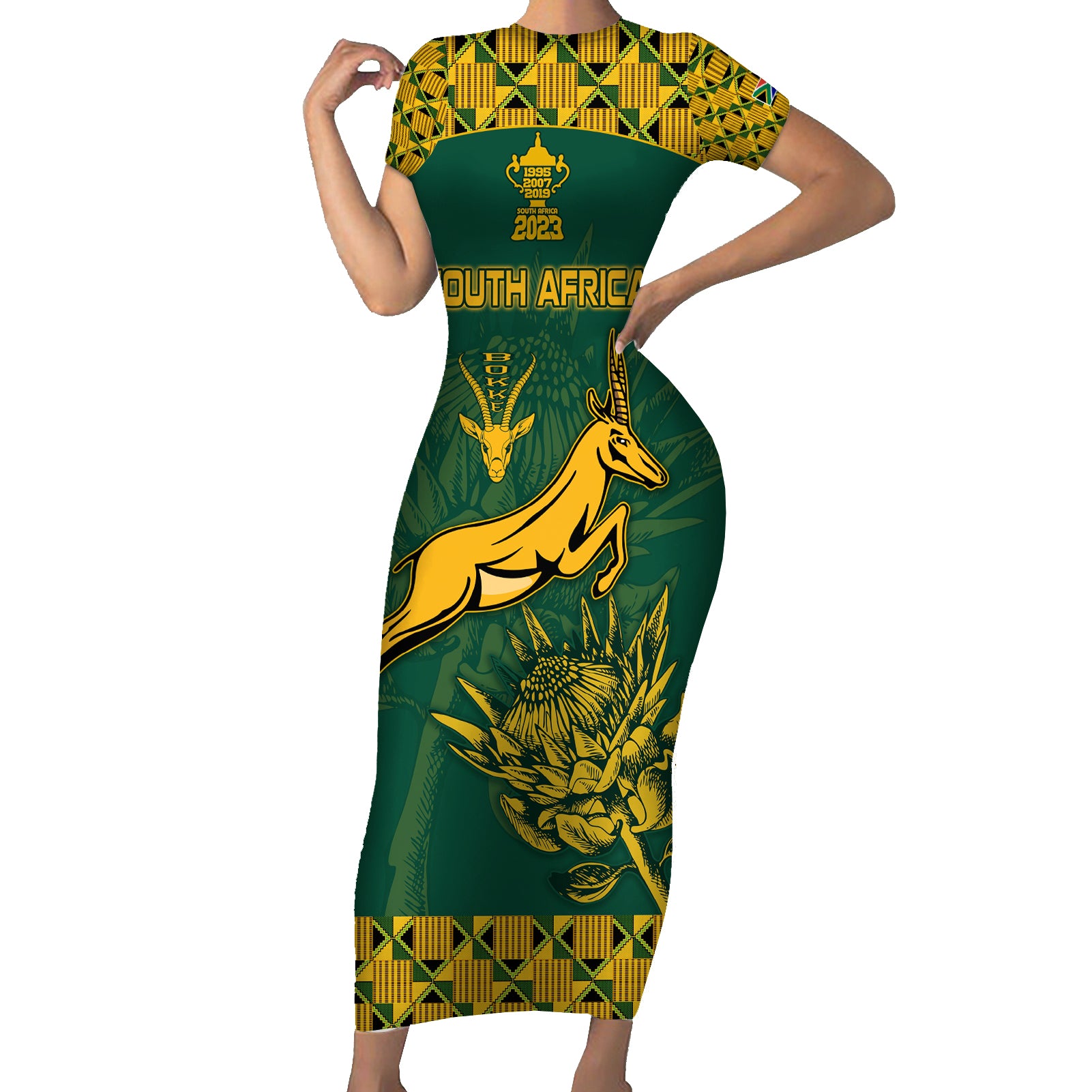 South Africa Rugby Short Sleeve Bodycon Dress Springboks Proud The Champions - Wonder Print Shop