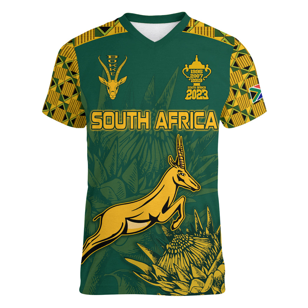 South Africa Rugby Women V Neck T Shirt Springboks Proud The Champions - Wonder Print Shop