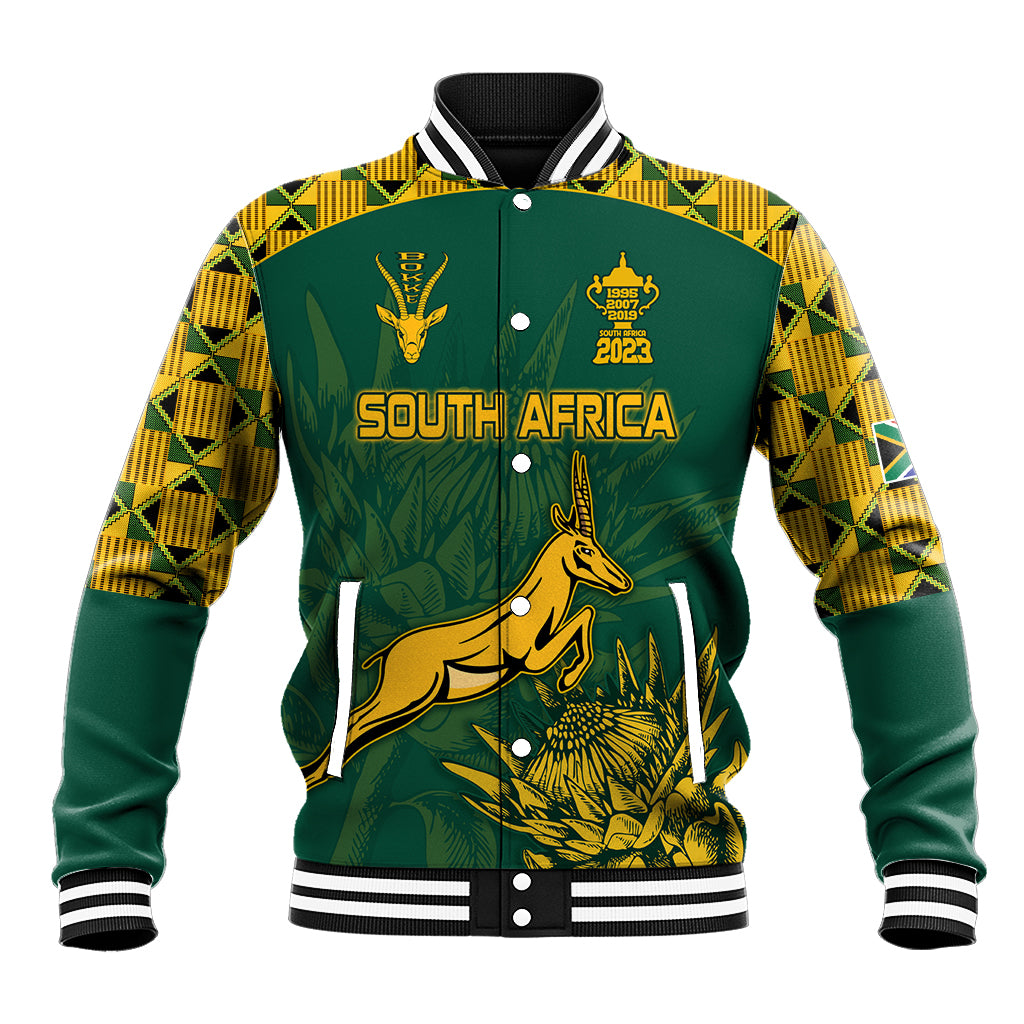 Green rugby baseball jacket with gold emblems, kangaroo artwork, button front