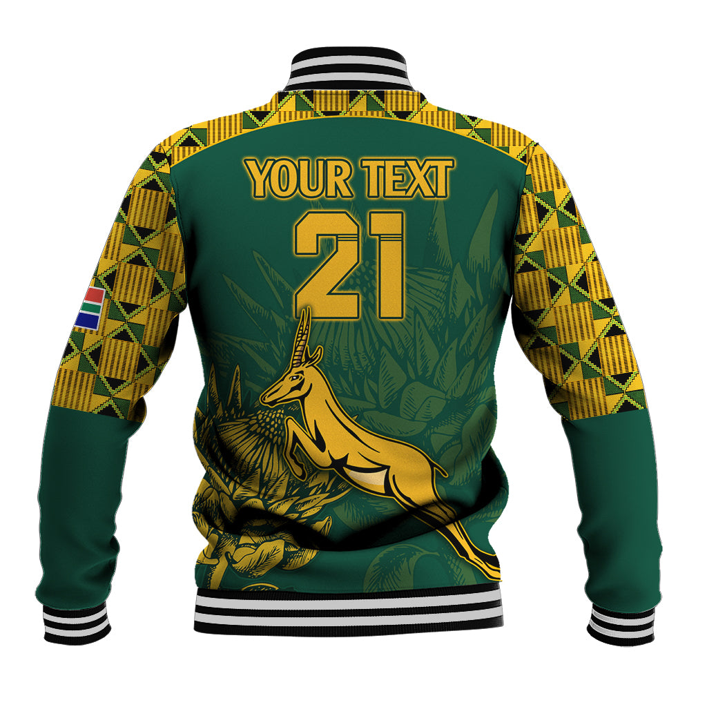 Green baseball jacket back with gold '21' number and kangaroo graphic, ribbed cuffs