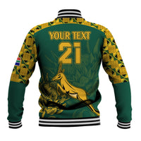 Green baseball jacket back with gold '21' number and kangaroo graphic, ribbed cuffs