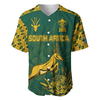 Green rugby baseball jersey with button front, South Africa graphic and springbok