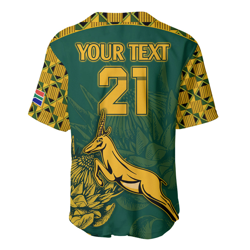 Green rugby baseball jersey back with 'YOUR TEXT' and number 21, springbok print