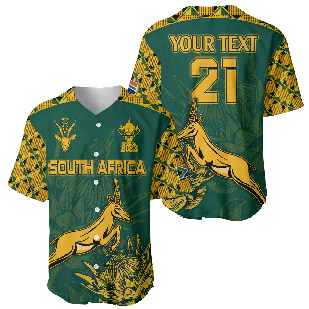 Green rugby baseball jersey set: South Africa front, 'YOUR TEXT' 21 back, springbok