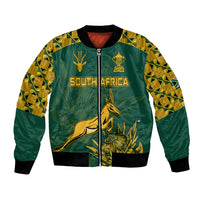 Green bomber jacket with gold South Africa graphic, full zip front and ribbed cuffs