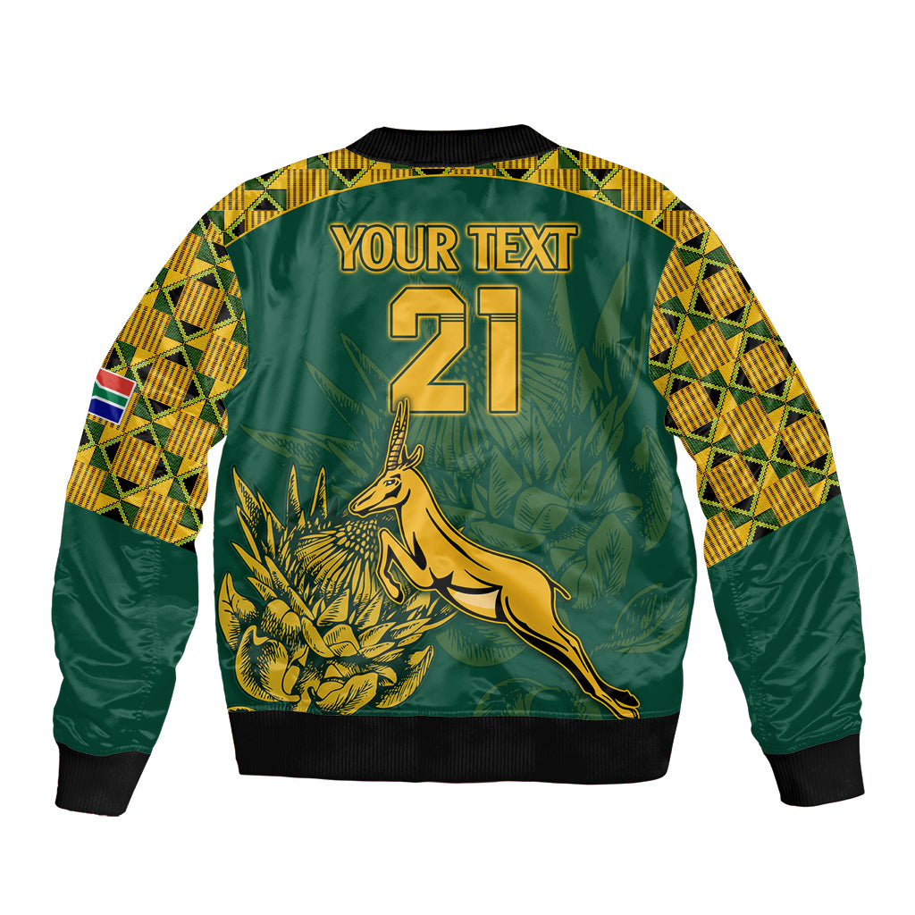 Green bomber jacket back with gold kangaroo graphic and YOUR TEXT 21