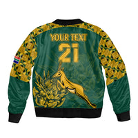 Green bomber jacket back with gold kangaroo graphic and YOUR TEXT 21