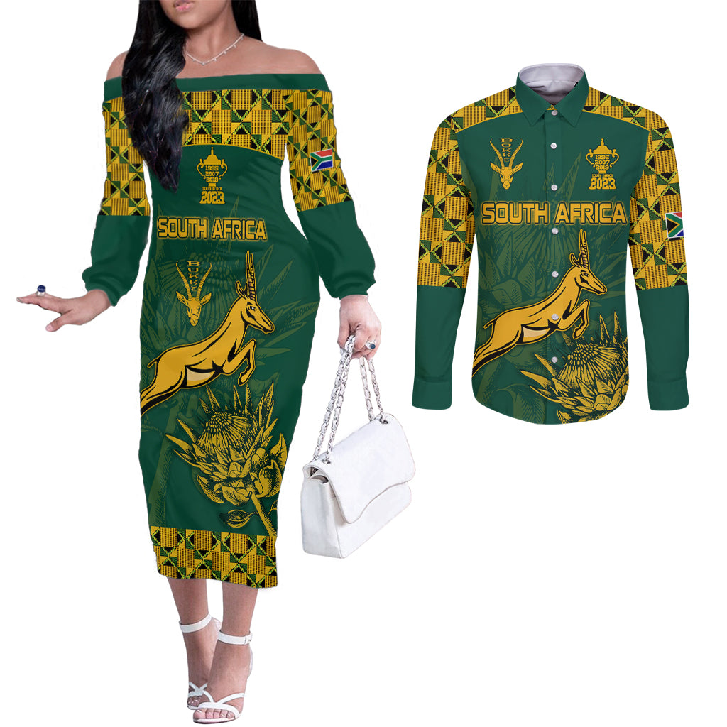 Custom South Afica Rugby Couples Matching Off The Shoulder Long Sleeve Dress and Long Sleeve Button Shirt Springboks Proud The Champions LT9