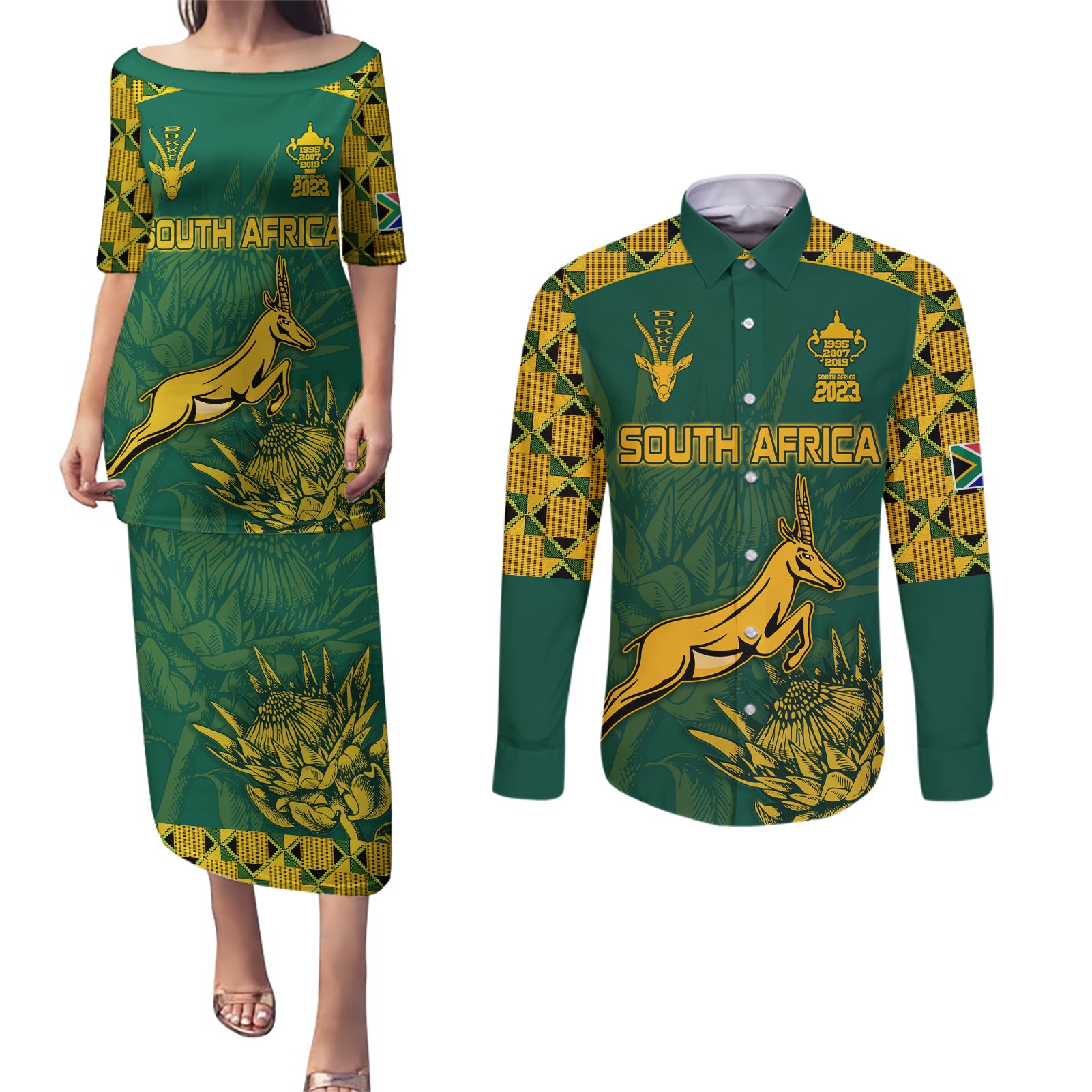 Custom South Africa Rugby Couples Matching Puletasi Dress and Long Sleeve Button Shirt Springboks Proud The Champions LT9 - Wonder Print Shop