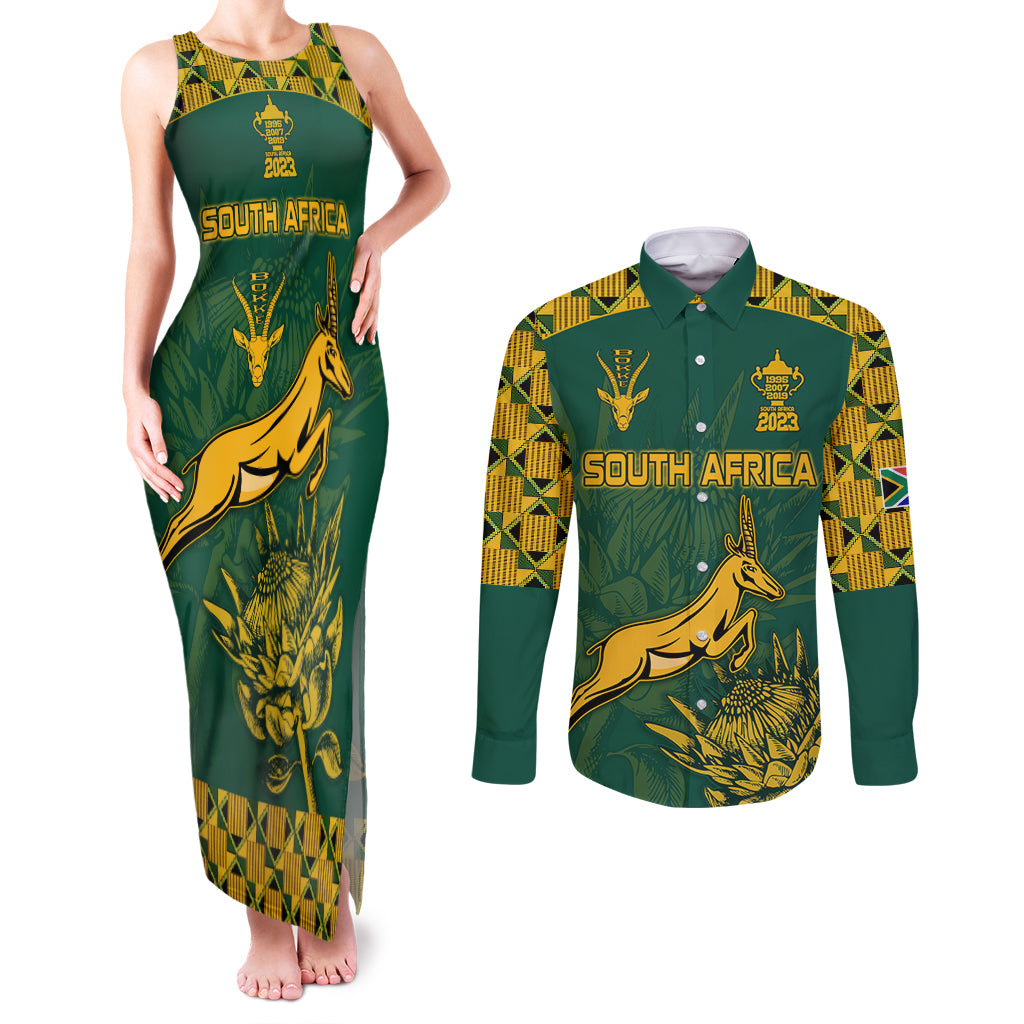 Custom South Africa Rugby Couples Matching Tank Maxi Dress and Long Sleeve Button Shirt Springboks Proud The Champions LT9 - Wonder Print Shop