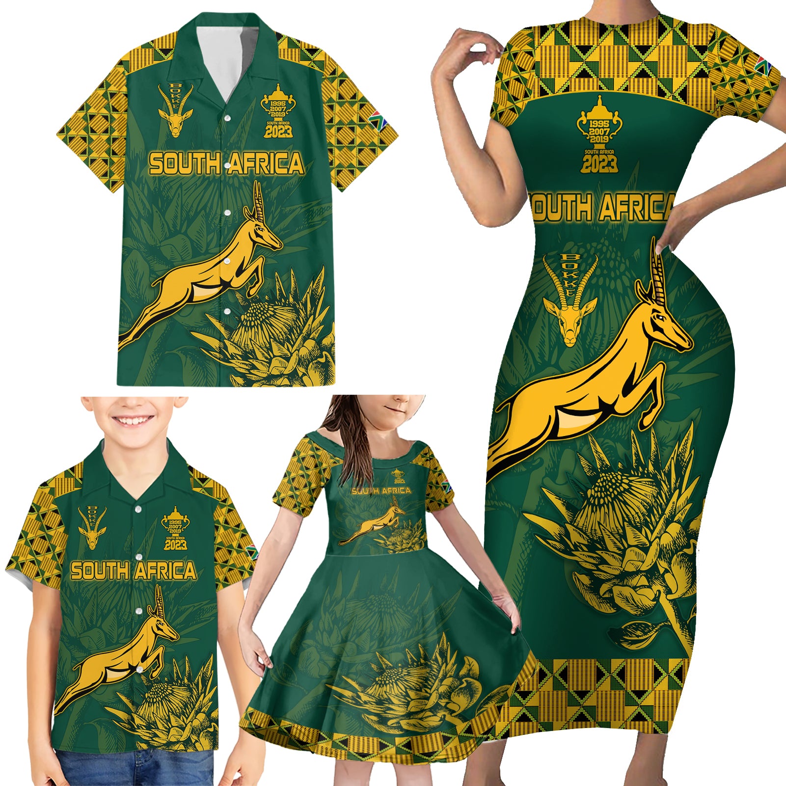 Custom South Africa Rugby Family Matching Short Sleeve Bodycon Dress and Hawaiian Shirt Springboks Proud The Champions - Wonder Print Shop