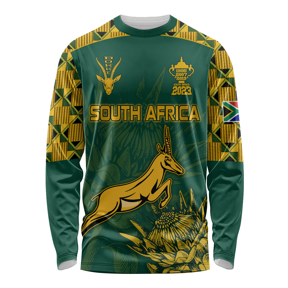 Green long-sleeve rugby shirt with South Africa text, springbok graphic, gold trim