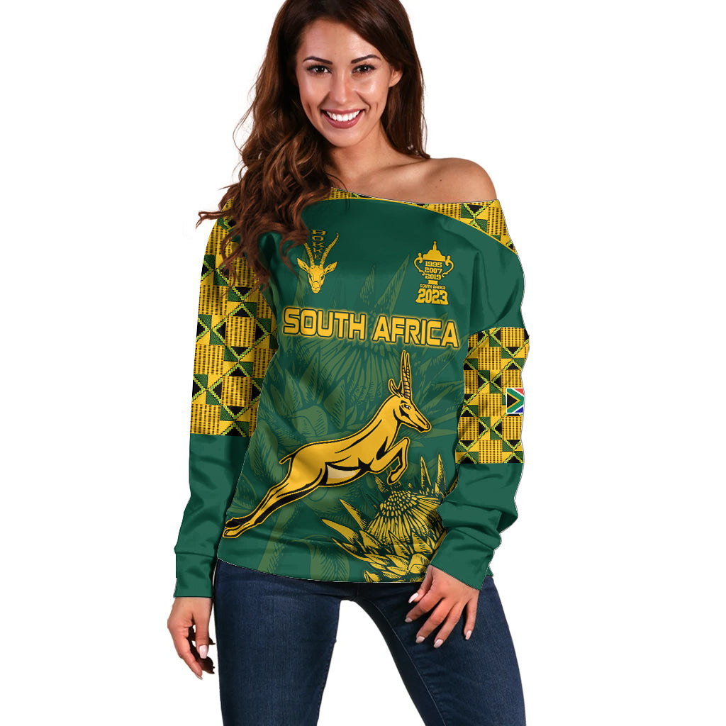 Custom South Africa Rugby Off Shoulder Sweater Springboks Proud The Champions - Wonder Print Shop