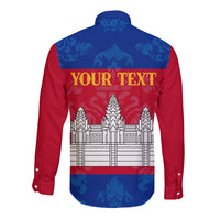 Long sleeve button shirt, blue and red, back print with YOUR TEXT and temple illustration