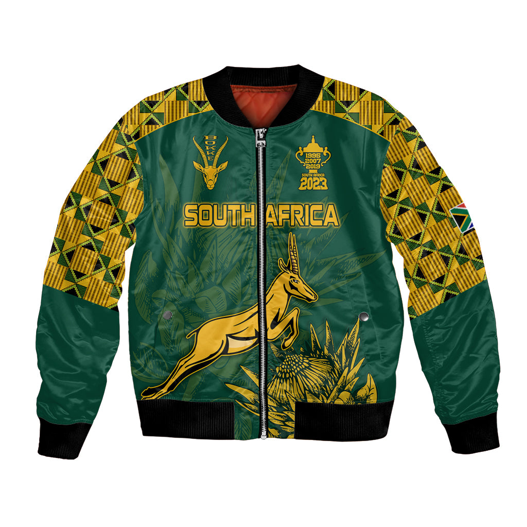 Green unisex bomber jacket with gold South Africa lettering and crest graphics, full zip