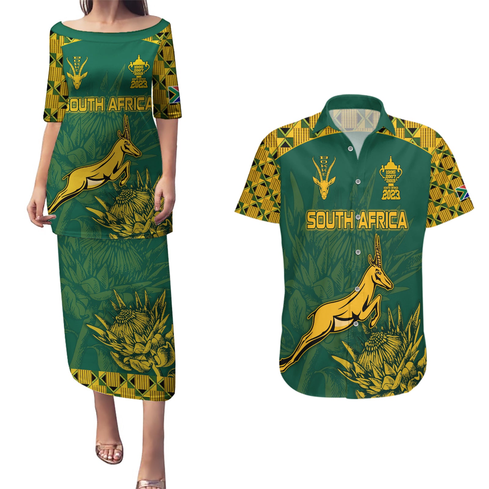 Custom South Africa Rugby Couples Matching Puletasi Dress and Hawaiian Shirt Springboks Proud The Champions No2 LT9 - Wonder Print Shop