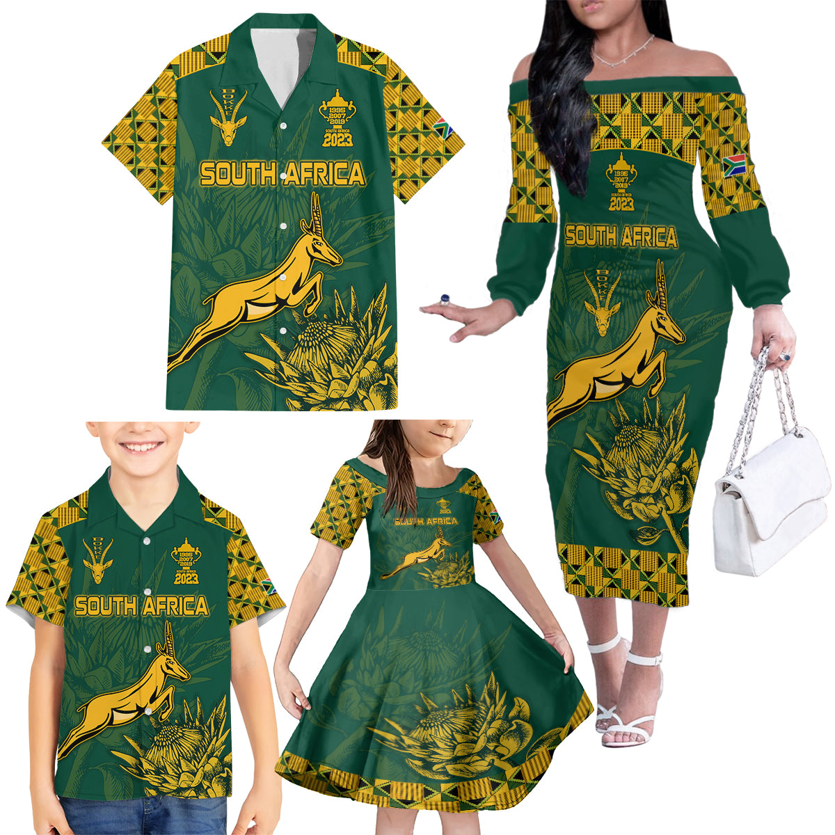 Custom South Africa Rugby Family Matching Off Shoulder Long Sleeve Dress and Hawaiian Shirt Springboks Proud The Champions No2 - Wonder Print Shop