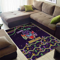 Purple Mardi Gras area rug with crawfish and ornate green-gold scroll border
