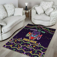 Purple Mardi Gras area rug with crawfish emblem and green-gold fleur-de-lis trim