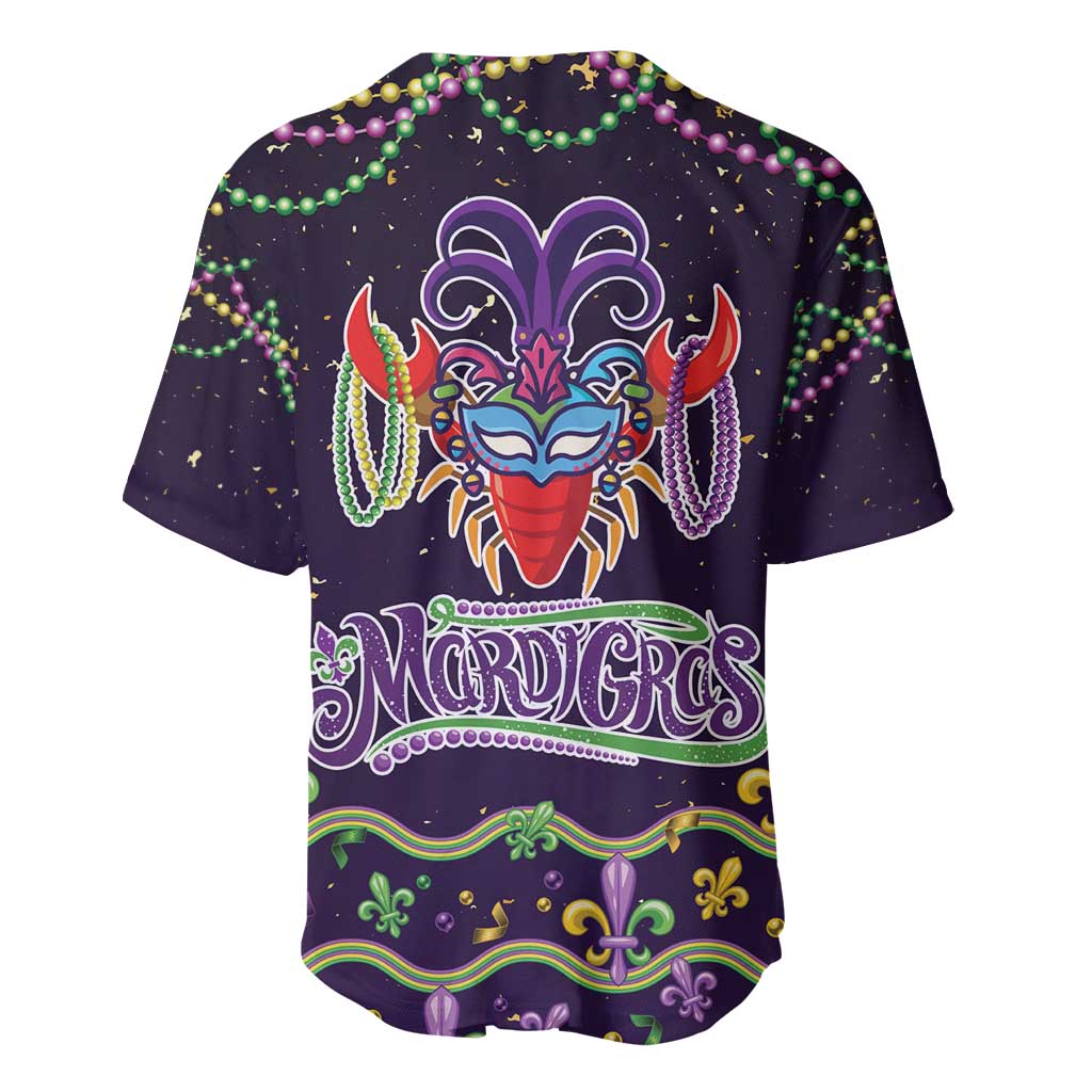 Back Mardi Gras baseball jersey in dark purple with colorful mask, beads, and 'Mardi Gras' text.